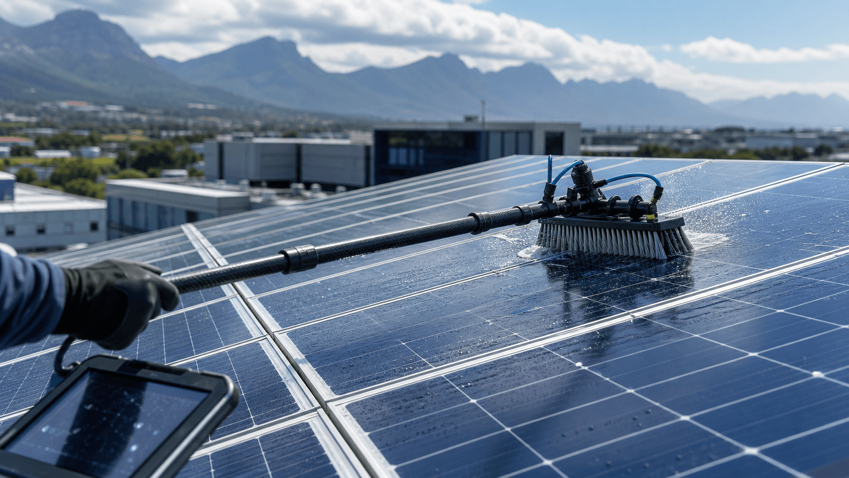 Commercial solar panels being cleaned with professional O&M equipment